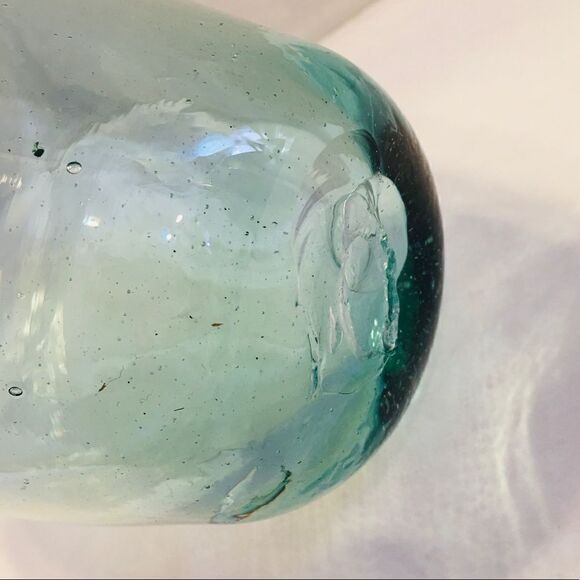 Green Tint Cobalt Blue Rim Bubbled Blown Art Glass Bud Vase - Picture 15 of 16